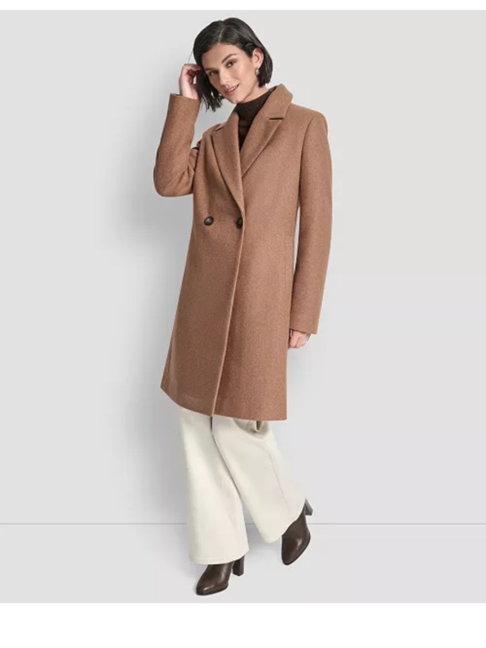 Dkny Camel Brown Wool-Blend Double-Breasted Coat
